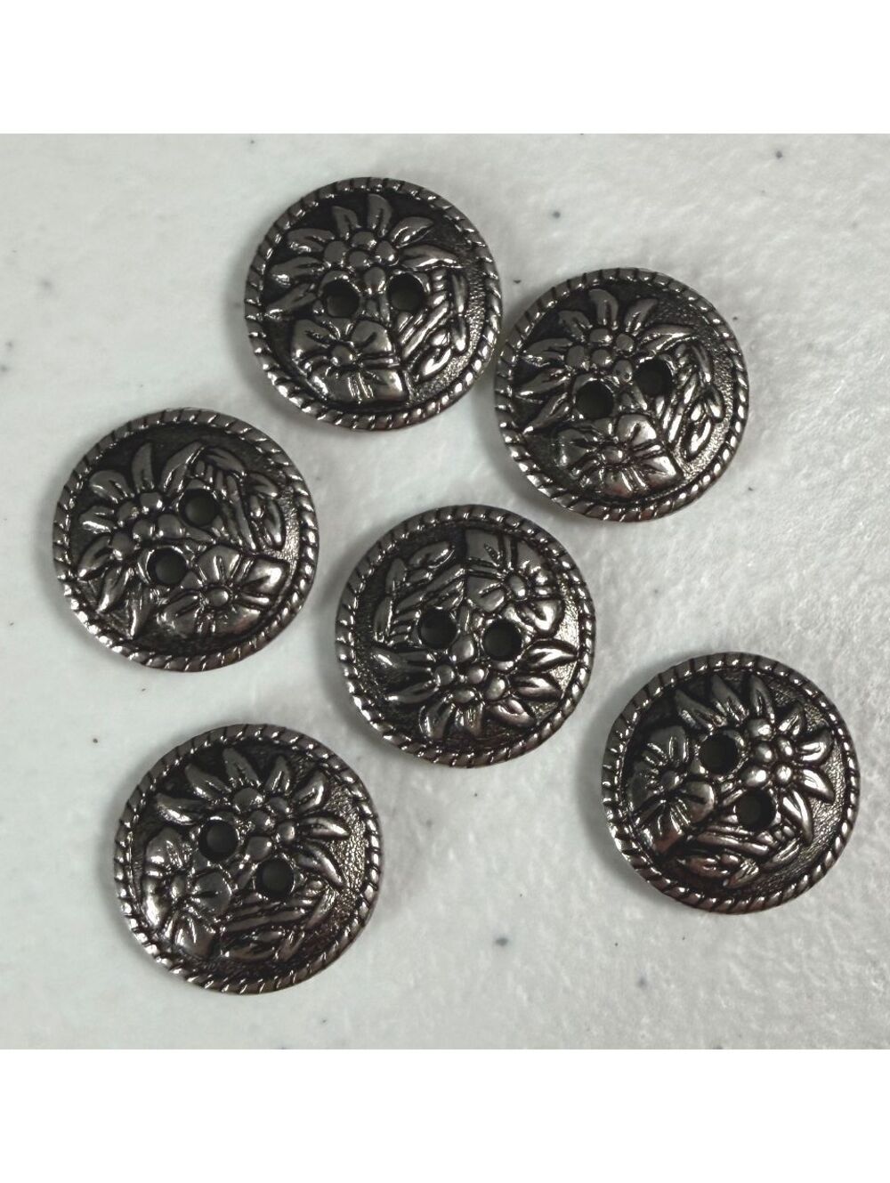 Lot of 6 Vintage Reclaimed Silver Floral Metal 2-Hole Buttons 17mm Rope Twist